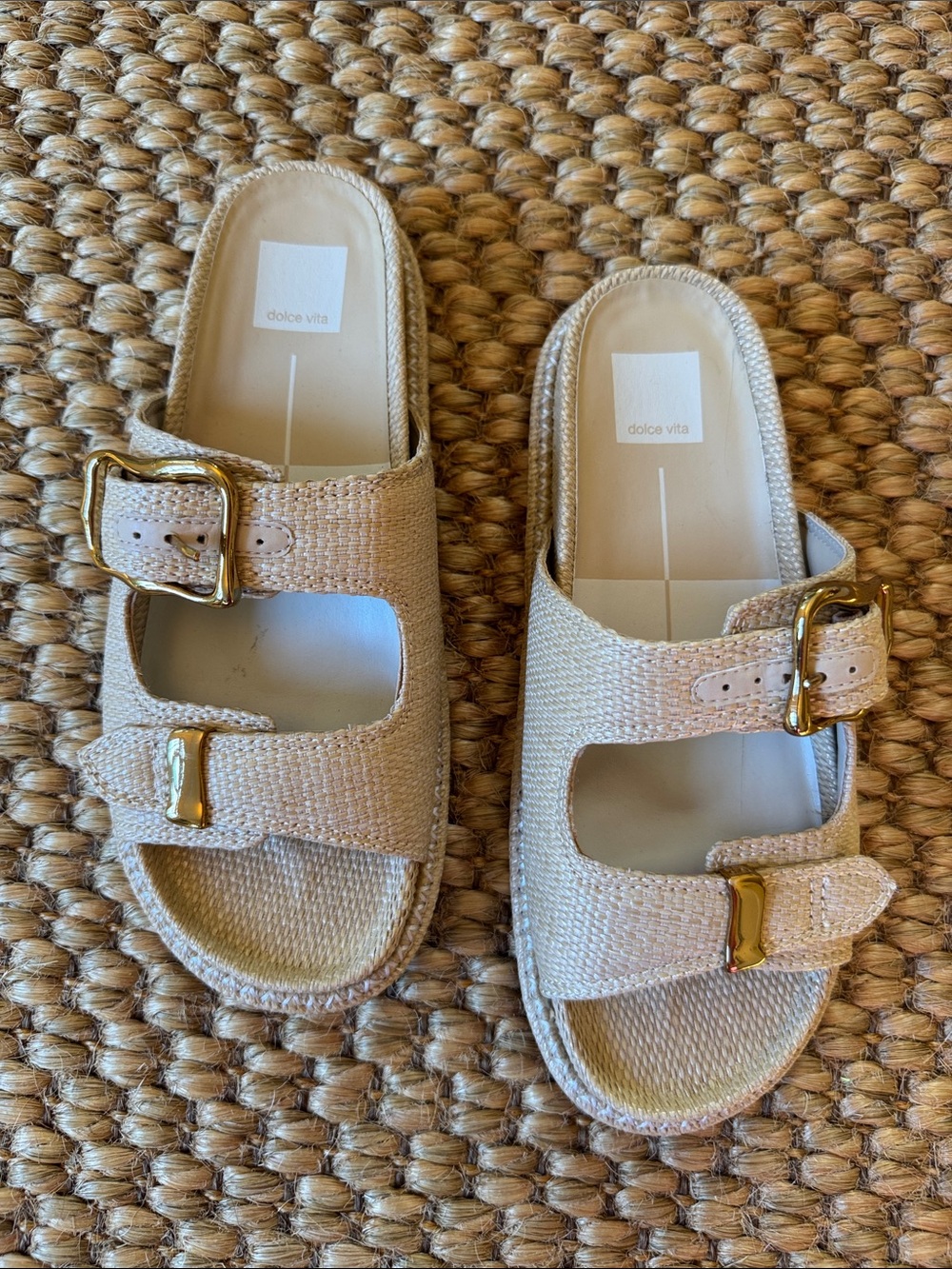 Dolce Vita Natural Cream Woven Double-Buckle Slide Sandals